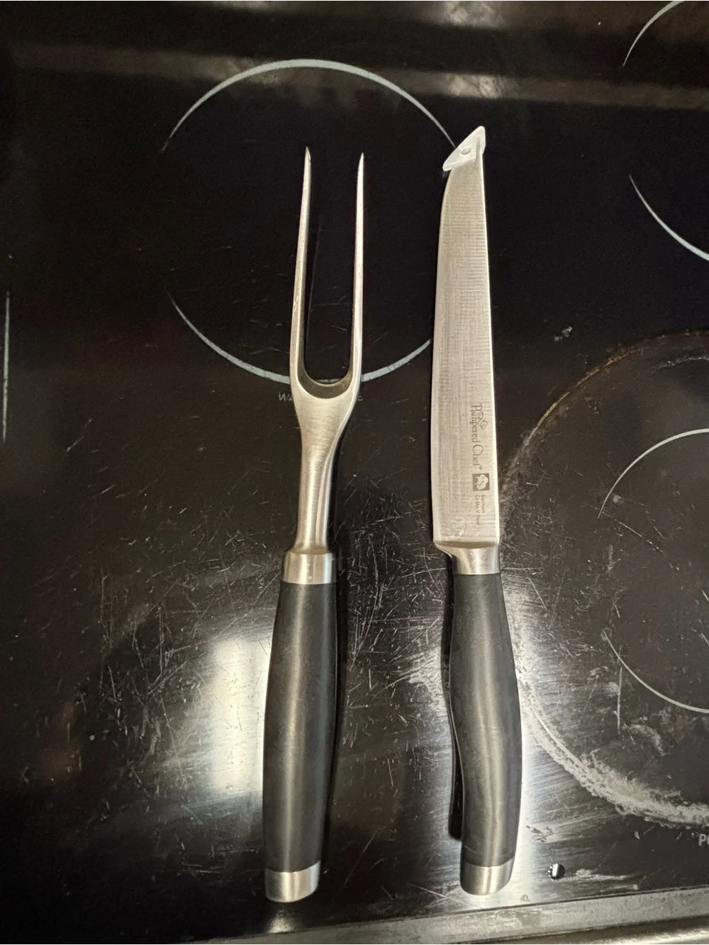 Pampered Chef Black Carving Knife and Fork Set